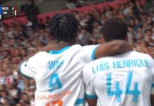 Wahi et Luis Henrique fêtent un but lors de Brest-OM (capture DAZN)