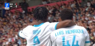 Wahi et Luis Henrique fêtent un but lors de Brest-OM (capture DAZN)