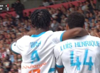 Wahi et Luis Henrique fêtent un but lors de Brest-OM (capture DAZN)